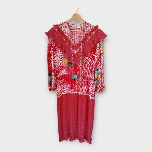 Vintage Pleated Ruffle Maxi Dress – Assorti Printed Flowy, M